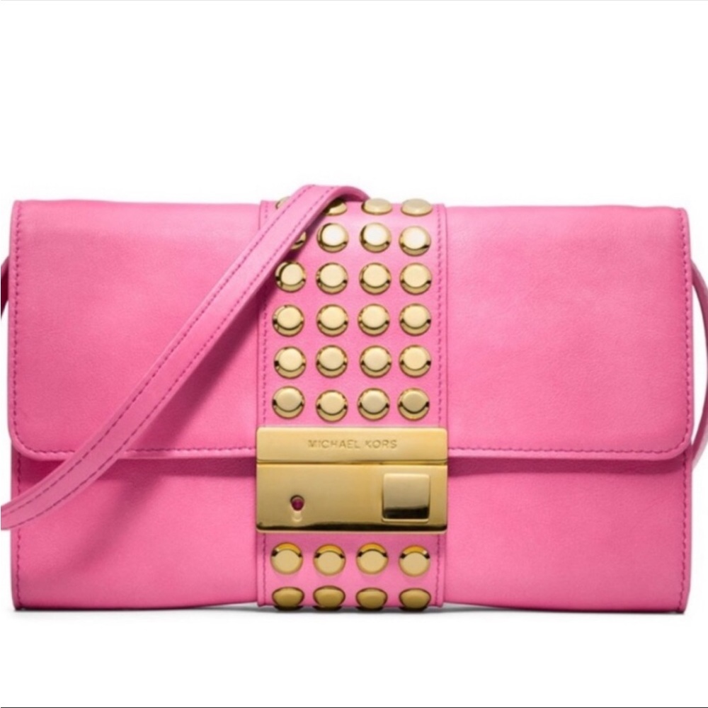 💖💖💖💖💖Michael Kors Gia Studded Leather Clutch Purse Barbie Pink